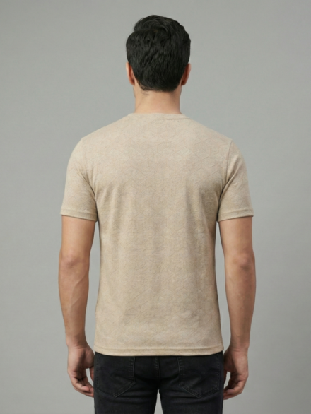 Redbros Beige Geometric Cube Pattern Crew Neck T-Shirt for Men - Back Pose