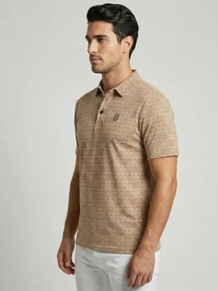 Camel Beige Designer Polo T-Shirt for Men Featuring Geometric Pattern - Side Pose