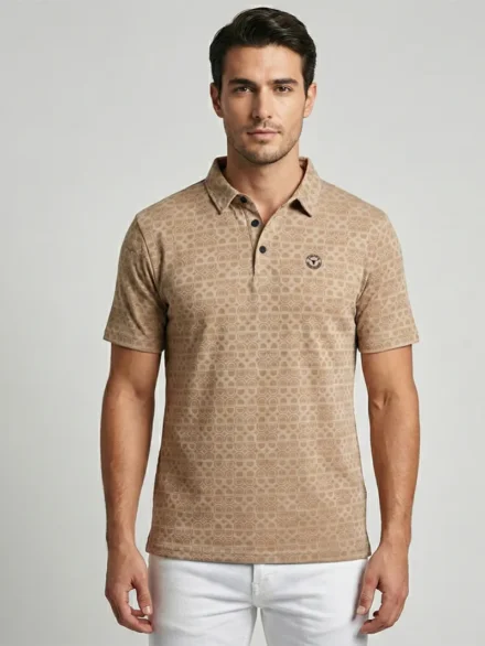 Camel Beige Designer Polo T-Shirt for Men Featuring Geometric Pattern - Front Pose