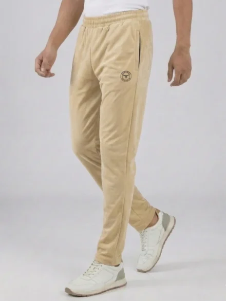 High-Fidelity Detail of Camel Cream Casual Trackpants Showing Premium Imported Fabric and Redbros Logo