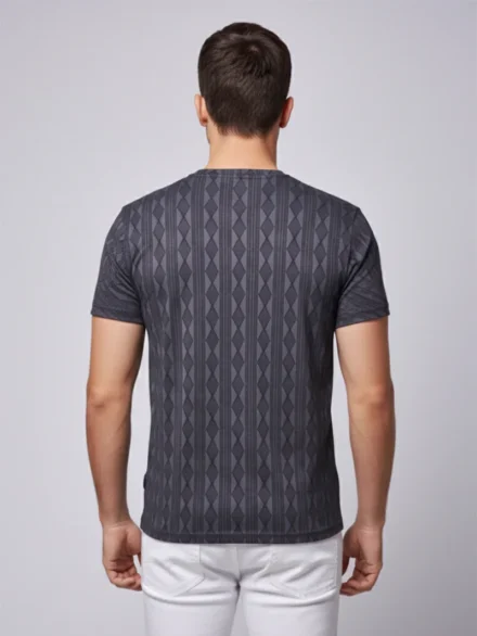 Redbros Charcoal Grey Vertical Geometric Stripe Crew Neck T-Shirt for Men - Back Pose