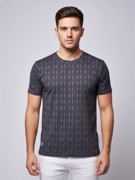 Redbros Charcoal Grey Vertical Geometric Stripe Crew Neck T-Shirt for Men - Front Pose