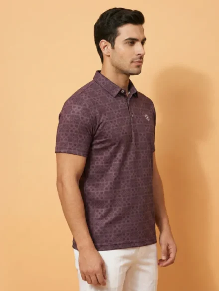 Deep Maroon Designer Polo T-Shirt for Men Featuring Geometric Pattern - side Pose
