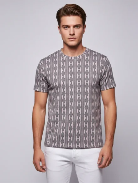 Redbros Dusty Pink Vertical Geometric Stripe Crew Neck T-Shirt for Men - Front Pose