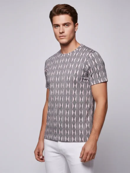 Redbros Dusty Pink Vertical Geometric Stripe Crew Neck T-Shirt for Men - Side Pose