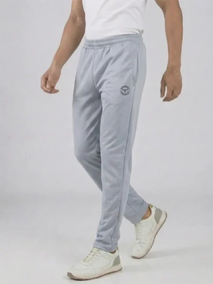 High-Fidelity Detail of Grey Casual Trackpants Showing Premium Imported Fabric and Redbros Logo