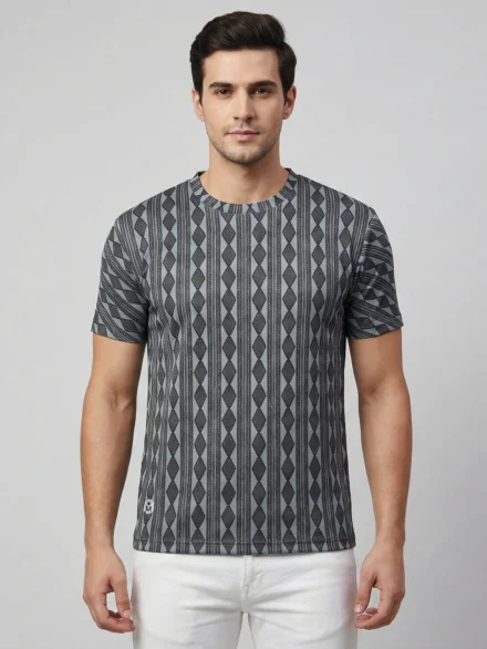 Redbros Grey Vertical Geometric Stripe Crew Neck T-Shirt for Men - Front Pose