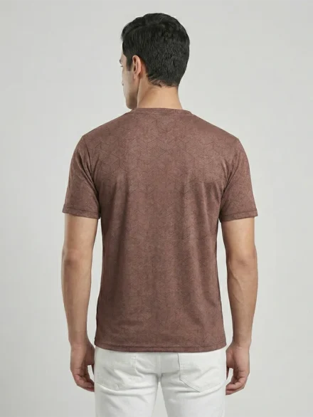 Redbros Mocha Brown Geometric Cube Pattern Crew Neck T-Shirt for Men - Back Pose