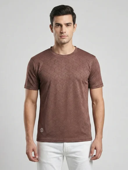 Redbros Mocha Brown Geometric Cube Pattern Crew Neck T-Shirt for Men - Front Pose