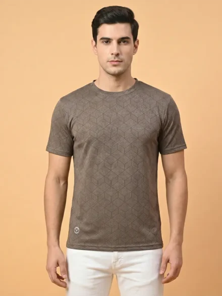 Redbros Olive Green Geometric Cube Pattern Crew Neck T-Shirt for Men - Front Pose