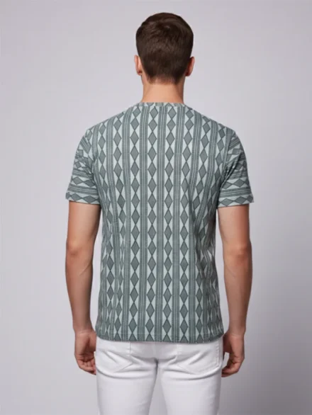 Redbros Sage Green Vertical Geometric Stripe Crew Neck T-Shirt for Men - Back Pose