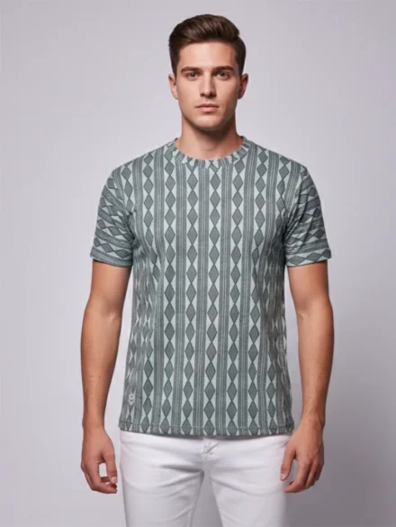 Redbros Sage Green Vertical Geometric Stripe Crew Neck T-Shirt for Men - Front Pose