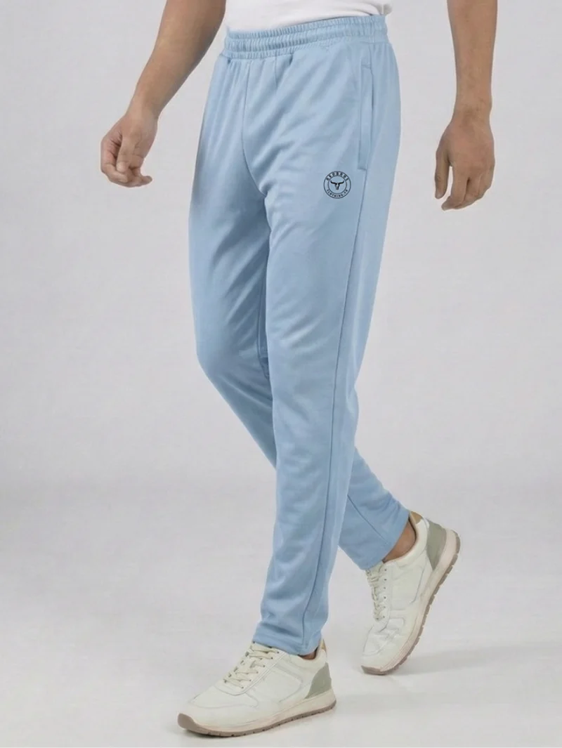 High-Fidelity Detail of Sea Blue Casual Trackpants Showing Premium Imported Fabric and Redbros Logo