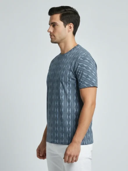 Redbros Slate Blue Vertical Geometric Stripe Crew Neck T-Shirt for Men - Side Pose