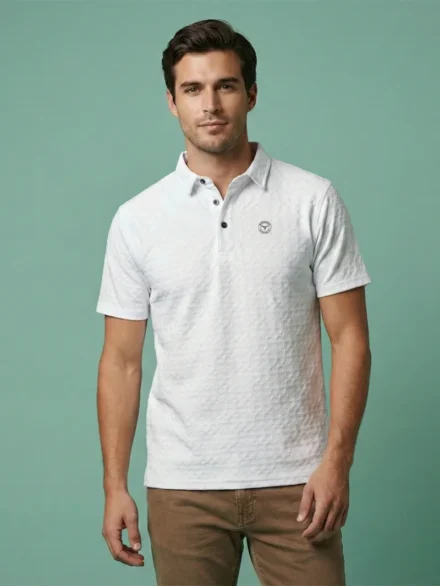 Redbros Crisp White Geometric Pattern Polo T-Shirt for Men - Front Pose